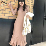 Sleeve Dress Women Slender O-neck Autumn Winter Elegant Chic Solid Midi 5-color All-match Knitted Fashion Ulzzang