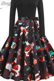 Women Christmas Dress 2023 Winter Long Sleeve Black Print Elegant Vintage Party Dresses Robe Femme
