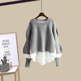 Women Winter Patchwork Long Sleeve Knitted Tops + Asymmetric Skirt 2 Piece Suit Female Party Elegant Two Piece Set 211-0-Outfit