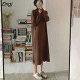 Sleeve Dress Women Solid Turtlenek Side Slit Midi Elegant All-match Korean Style Simple Winter Fashion Ins Stylish