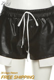 Fuax Leather Shorts Women Summer Fashion Irregular Patchwork Drawstring Elastic Waist Straight Bottoms Clothing