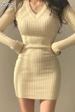 Sexy V-Neck Slim Ribbed Knitting Bodycon Dress for Women Korean Long Sleeve Sweater Mini Dresses Autumn Winter 2023