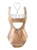 2024 Sexy Empty Drawstring New Laser Bright Face Swimsuit Swimsuit