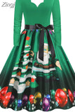 Women Christmas Dress Winter Long Sleeve V Neck Pumpkin Print Halloween Costume Party Dresses Casual Vintage S~3XL