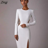 Sexy Backless Maxi Dress Women Black Hollow Out High Slit Evening Dress Female Autumn Skinny Elegant Party Clubwear