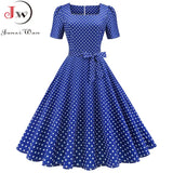 Dot Vintage Dress Women Summer Elegant Short Sleeve Square Collar A-Line Midi Party Sundress 50s 60s Vestidos Plus