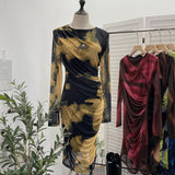 Vintage Tie-Dye Printing Irregular Folded Mesh Yarn Body-Body-Sleeve Dress