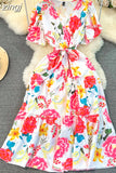 Women Floarl Dress Vintage V-Neck Short Sleeve Printed A-Line Elegant Midi Vestidos Female Casual Robe Bohemian 2023