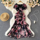 Retro Niche Design Drawstring Print V-Neck Dress Summer Women's Pocketed Fishtail Skirt