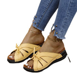 Bow Slope And Slippers New Solid Color Rocking Line Hollow Shoes Fish Mouth Slippers