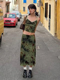 Retro Print High-Waisted Hips Half-Dress Hottie Lake Embankment Green Girl White Temperament