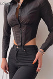 Fashion Chic Corset Black Women Blouses Crop Top Long Sleeve Cardigan Slim Sexy Elegant Spring Shirt Party Gothic