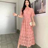 Retro High-End Squealing Hook Lace Dress Women's Summer Waist Thin Temperament A-Word Fairy