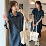 Korean Summer Denim Dress Women Loose Short-Sleeved Retro Age-Reduced Pregnant Women's