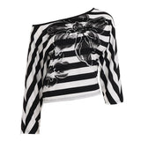 Street Hottie Windflash Print Striped T-Shirt Big Round Collar Loose Bat Sleeve Long Sleeve Short Leisure