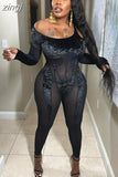 Velvet Patchwork Mesh Jumpsuits Women Long Sleeve Off Shoulder Sexy Slim One Piece Outfits Lady Attirewear