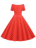 Dot Print Women A-line Summer Dress Red Peter pan Collar Elegant Vintage Midi Party dress Casual Vestidos