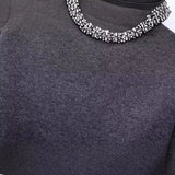 Spring Style Neckband Diamond Trim Round Collar Pullover Loose Sweater