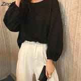 Sleeve T-shirts Ins College Spring Fall Basic Korean Harajuku Simple Girls Tops All-match Lantern-Sleeve Fashion Femme