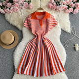 Zingj Niche Retro Color Lapel Short Sleeve Striped Dress Female Waist Show Thin Temperament A-Word Knit