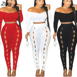 Bodycon Soild Streetwear 2 Two Piece Sets Women Outfits Off Shoulder Long Sleeve Crop Top Pants Suits Matching