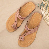 New Toe Flip-Flop Leather Metal Splicing Flat-Bottomed Casual Women's Shoes Large-Size Women's