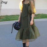 High Street Midi Dress Women Loose Puff Sleeve Fairy Korean Party Dress Female Streetwear Casual Y2k Dress 2021