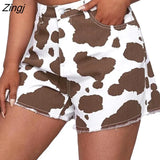 Streetwear Women's Black White Denim Shorts Casual Cows Printed High Waist Jeans Short
