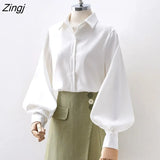Women Lantern Sleeve Loose Turn-down Collar Simple Solid Feminino Blouses Minority Korean Style Autumn All-match