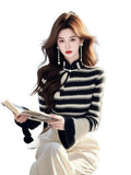 Chinese Women's Black And White Hit-Colored Striped Sweater 2025 Winter Repair Country Style Buckle Inside The Knitted Shirt