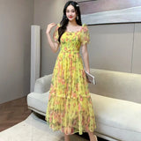 Gentle Wind And Rags Retro Tea Chiffon Dress Female Waist Temperament Shoulder Bubble Sleeve Mesh