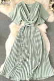 Women Purple/Red/Green Bandage Pleated Midi Dress Female Vintage V-Neck Short Sleeve High Waist A-Line Draped