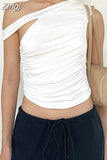White Irregular Neck Off Shoulder Causal Tank Summer Streetwear 2023 Sleeveless Women Ruched Slim Fit Mini Vest