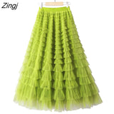 Tulle Long Skirts Womens Spring Summer Korean Style Solid High Waist A-Line Tutu Skirt Female Mesh Pleated Maxi