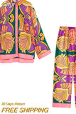 Women Y2K 2 Piece Floral Pants Set Long Sleeve Button Down Shirt Wide Leg Palazzo Pants Outfits Matching Sets