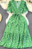 Women Floarl Dress Vintage V-Neck Short Sleeve Printed A-Line Elegant Midi Vestidos Female Casual Robe Bohemian 2023