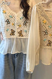 Women O-Neck Hollow Out Print Simple All-match Casual Fashion College Korean Style Ulzzang New Tops Hot Selling