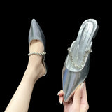 Baotou Half Slipper Female 2025 Pointed Flat Bottom Rhinestone Chain Silver Muller Shoes Wear Cool