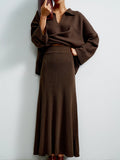 Brown Hollow Knitted Sweater Female Overturned Bat Sleeve Top High Waist Half-Dress Autumn And Winter Languid
