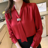 Women Shirts Chiffon Blouses for Women Long Sleeve Shirts Tops Woman Ribbon Blouse Tops Fashion Woman Bow Tie Shirt