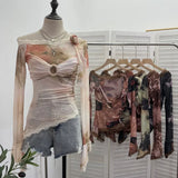 Shooting Lace Splicing Oblique Shoulder Thin Tie-Dye Mesh T-Shirt Girl T-Shirt T-Shirt Shawl T-Shirt