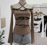 Shooting With Hanging Neck Leopard Print Splicing Two Long-Sleeved Tops A Short Shoulder Bottom T-Shirt
