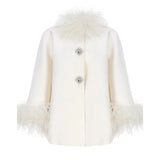 Feather Collar Cape Rhinestone Buttoned Coat-Outfit