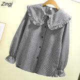 Sweet Plaid Shirt Women Kawaii Peter Pan Collar Lolita Blouse Japanese Preppy Style Puff Sleeve Top Blusas Mujer De
