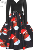 Women Christmas Dress Long Sleeve Vintage Elegant V Neck Print Big Swing Party Xmas New Year Winter Clothes S~3XL