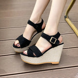 Buckle With Hemp Rope Comfortable Summer New Sloped Sandals Cross Fish Mouth Water Table High Heels Women's