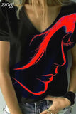 2023Fashion Women's Tops Abstract Portrait Painting T Shirt Loose Print V Neck Basic Tops Black / 3D Print Shirt