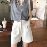 Women T-shirts Summer Solid Simple Trendy Korean Style Knitted Short Sleeve Turn-down Collar Single Breasted All-match