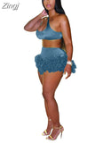 Feather Fringe Shorts Crop Top Two Piece Set Summer Women Sexy Bodycon Tracksuit Party Outfits 2023 Swimsuit