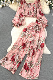 Women Floral Printed Two Piece Set Sexy Square Collar Lantern Sleeve Short Tops + Wide Leg Pants Suit Vacation Beach